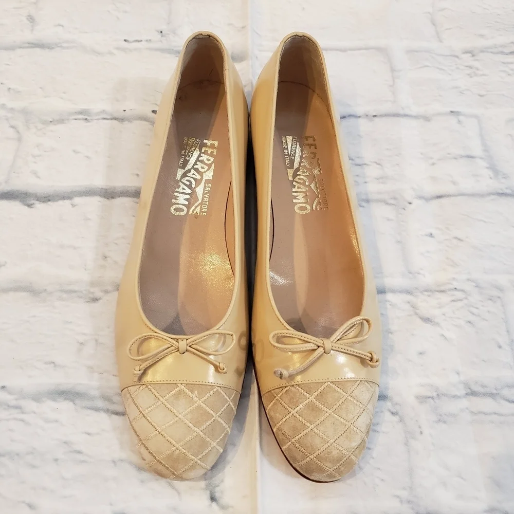 Salvatore Ferragamo Tan Leather & Suede Quilted Flats Women’s Size 8 2A